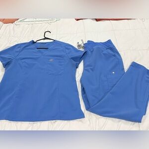 Figs ceil blue L scrub top,  XL scrub bottom set. $45